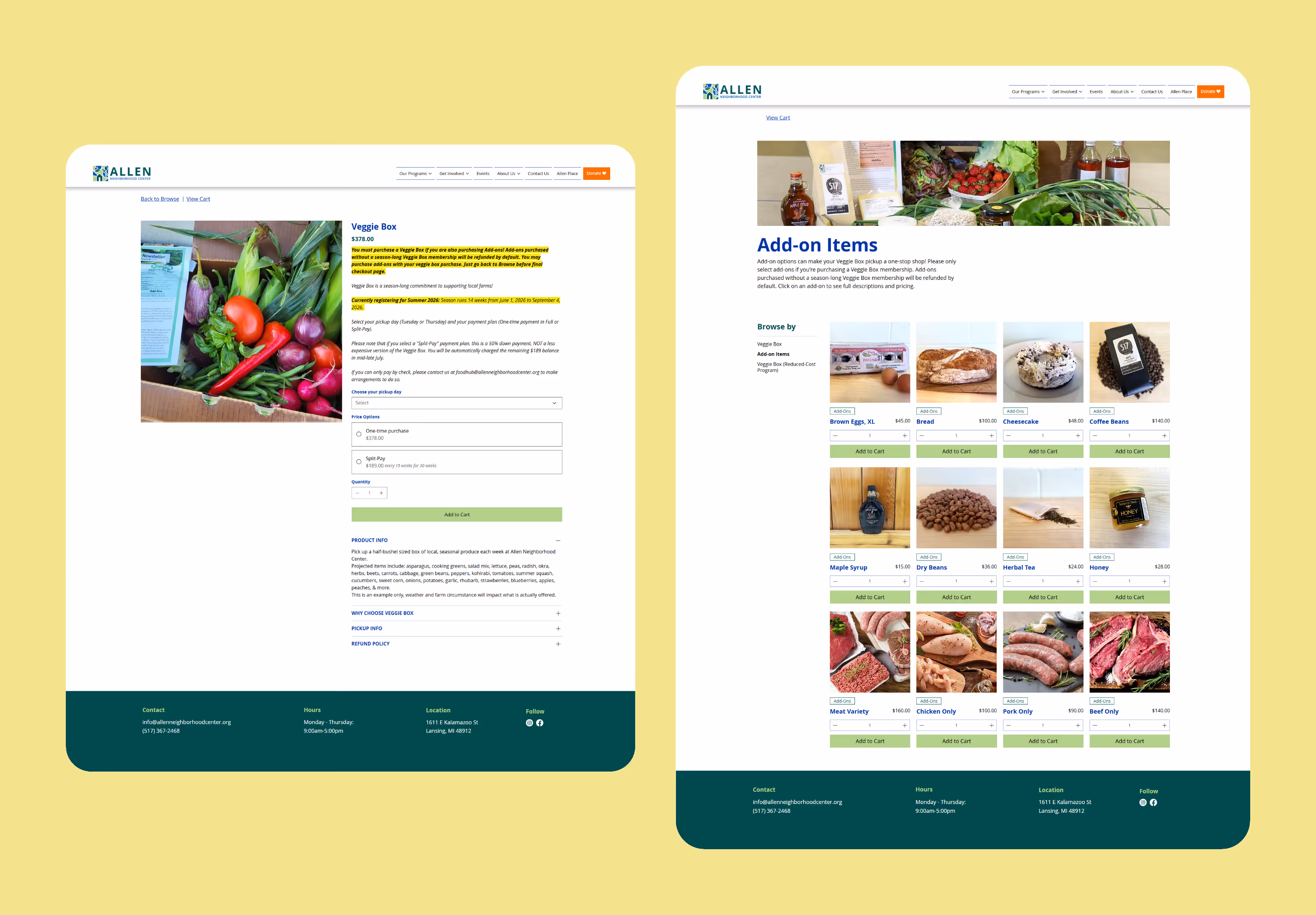 Webpage of Allen Neighborhood Center online store featuring a Veggie Box with fresh vegetables and an Add-on Items page listing various food products such as eggs, bread, cheesecake, coffee beans, maple syrup, dry beans, herbal tea, honey, and assorted meats with prices and add to cart options.
