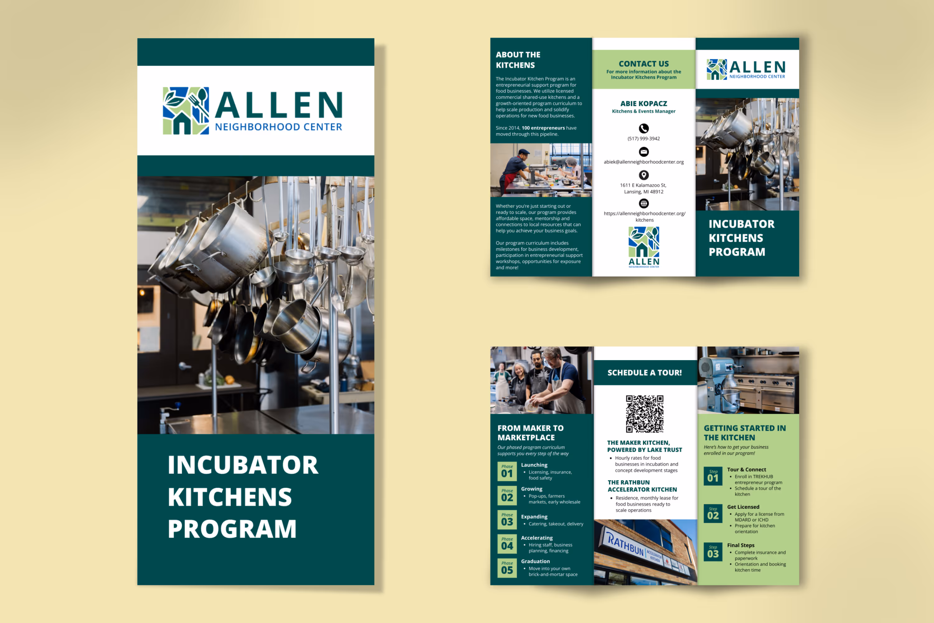 Tri-fold brochure for Allen Neighborhood Center's Incubator Kitchens Program showing hanging kitchen pots, program details, contact info, phases from maker to marketplace, and steps for getting started in the kitchen.