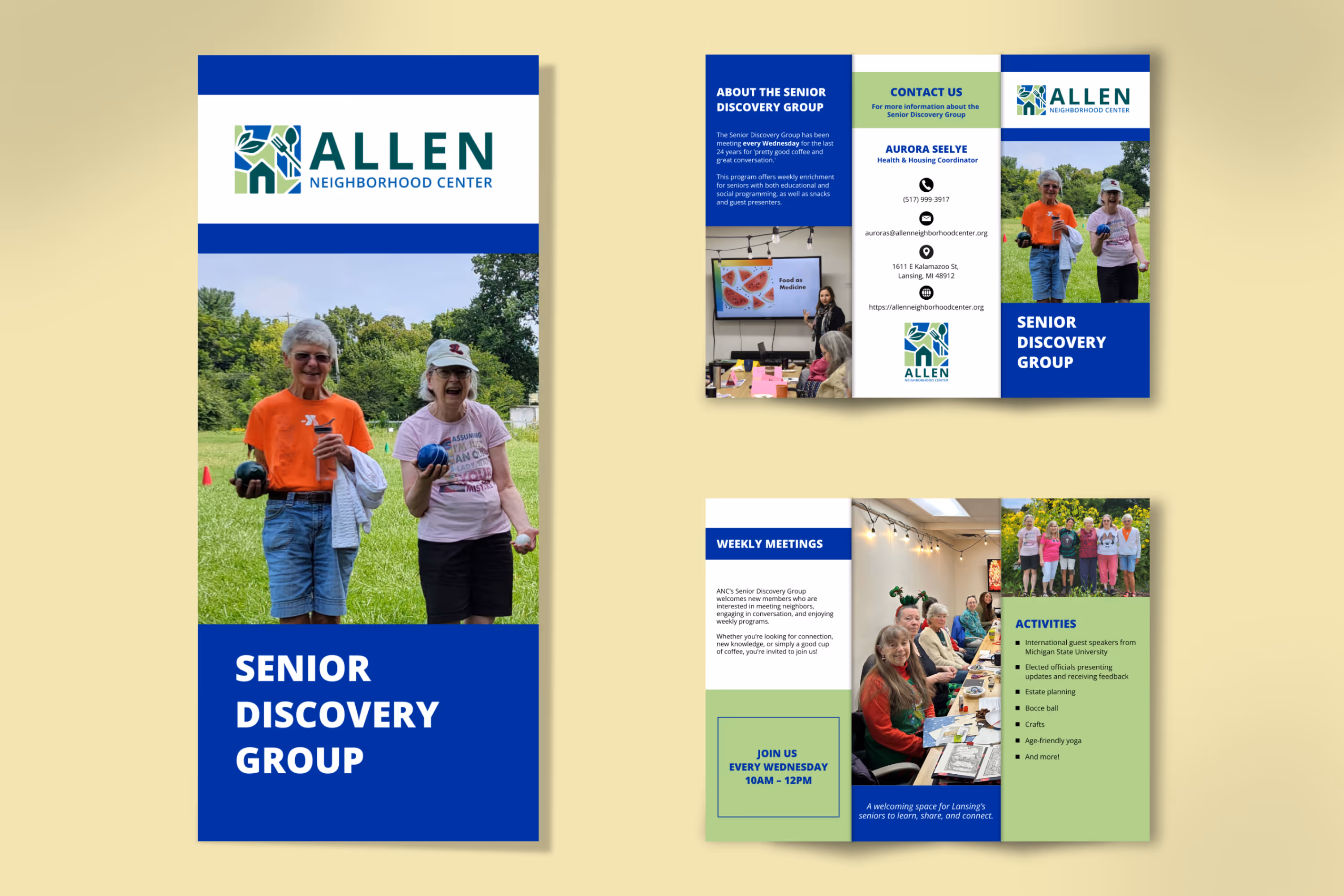 Tri-fold brochure for Allen Neighborhood Center's Senior Discovery Group with images of seniors playing bocce ball and attending meetings, and information about weekly meetings and activities.