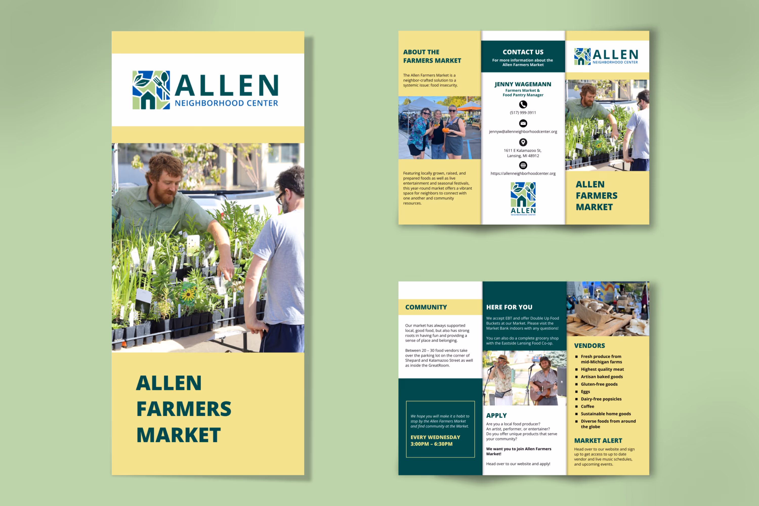 Tri-fold brochure for Allen Neighborhood Center's Allen Farmers Market featuring images of people at plant stalls, market information, contact details, vendor list, and market schedule.