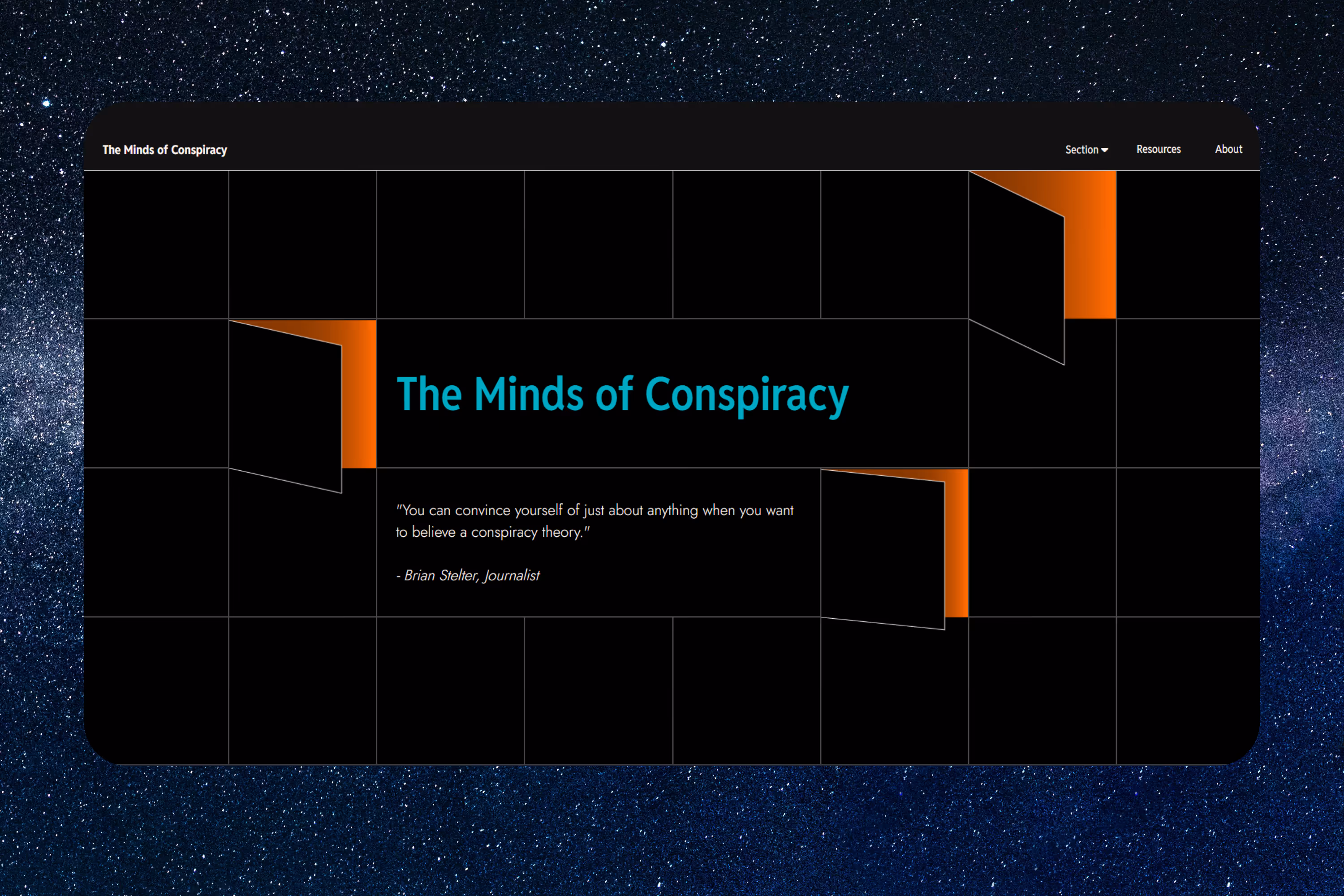Website homepage titled 'The Minds of Conspiracy' with a quote by Brian Stelter, 'You can convince yourself of just about anything when you want to believe a conspiracy theory.'