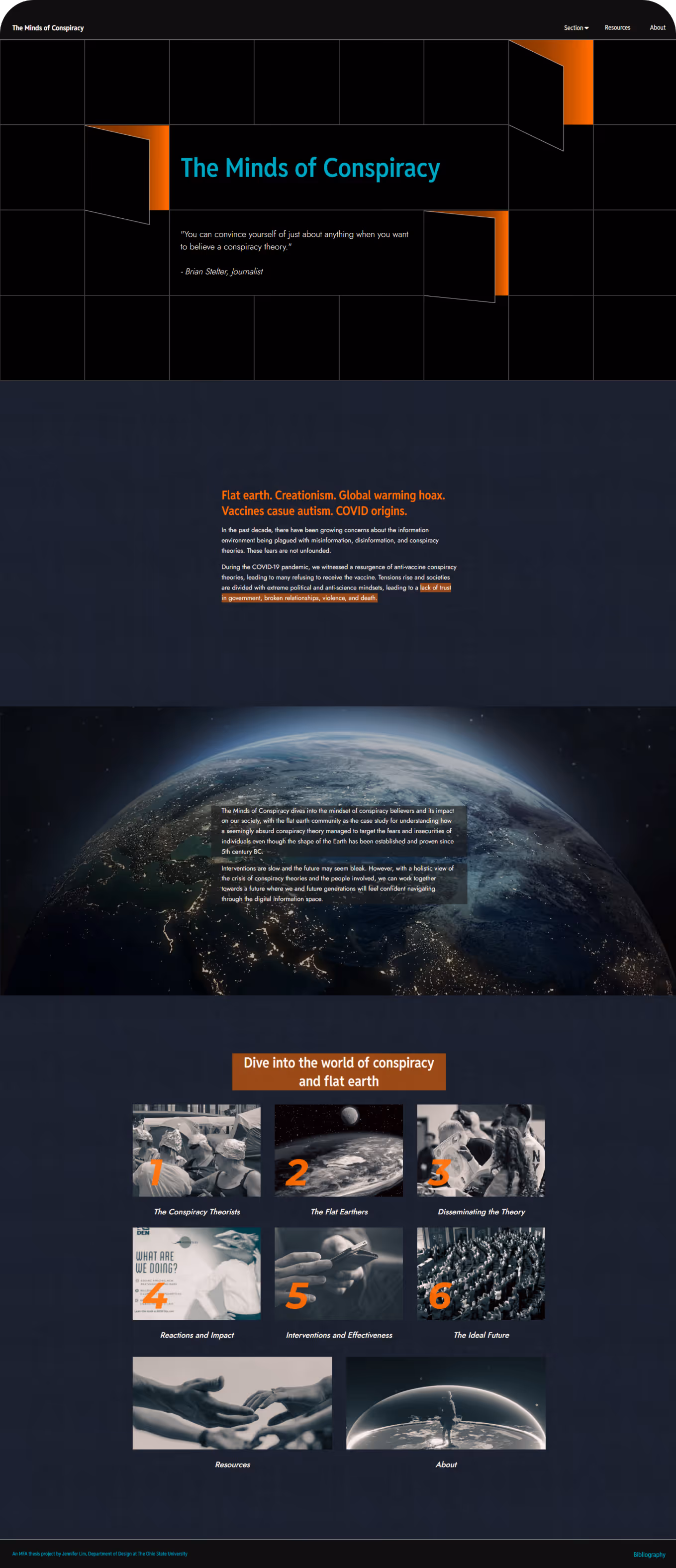 Website homepage titled 'The Minds of Conspiracy' with quotes, overview of conspiracy theories, navigations, featuring images of people, Earth, and related topics.