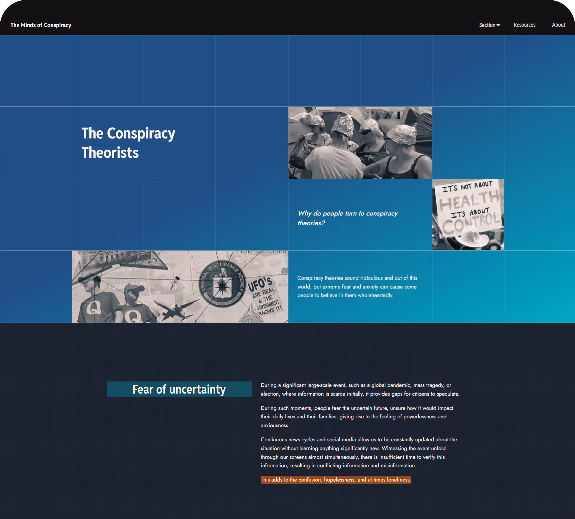 Webpage titled 'The Conspiracy Theorists' showing people wearing tinfoil hats, protest signs, and conspiracy symbols with text explaining fear of uncertainty leads to belief in conspiracy theories.