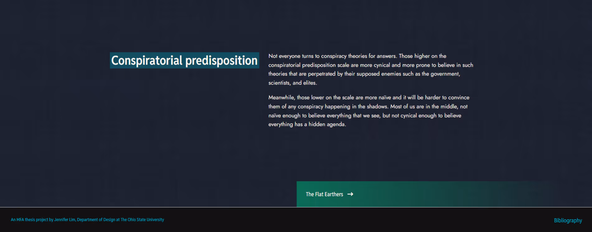 Continuation of webpage with text describing conspiratorial predisposition as a tendency to be cynical and prone to believe in conspiracy theories by supposed enemies like government and elites, contrasting with naïve individuals who find it harder to believe in conspiracies.