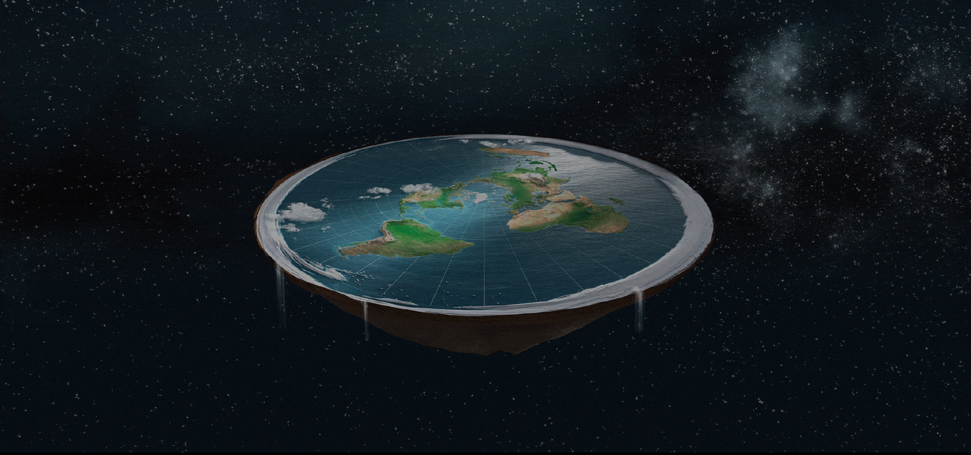 Continuation of webpage with animated flat Earth model floating in space with water flowing off its edges into space and text elaborating the ideologies of flat earth beliefs.