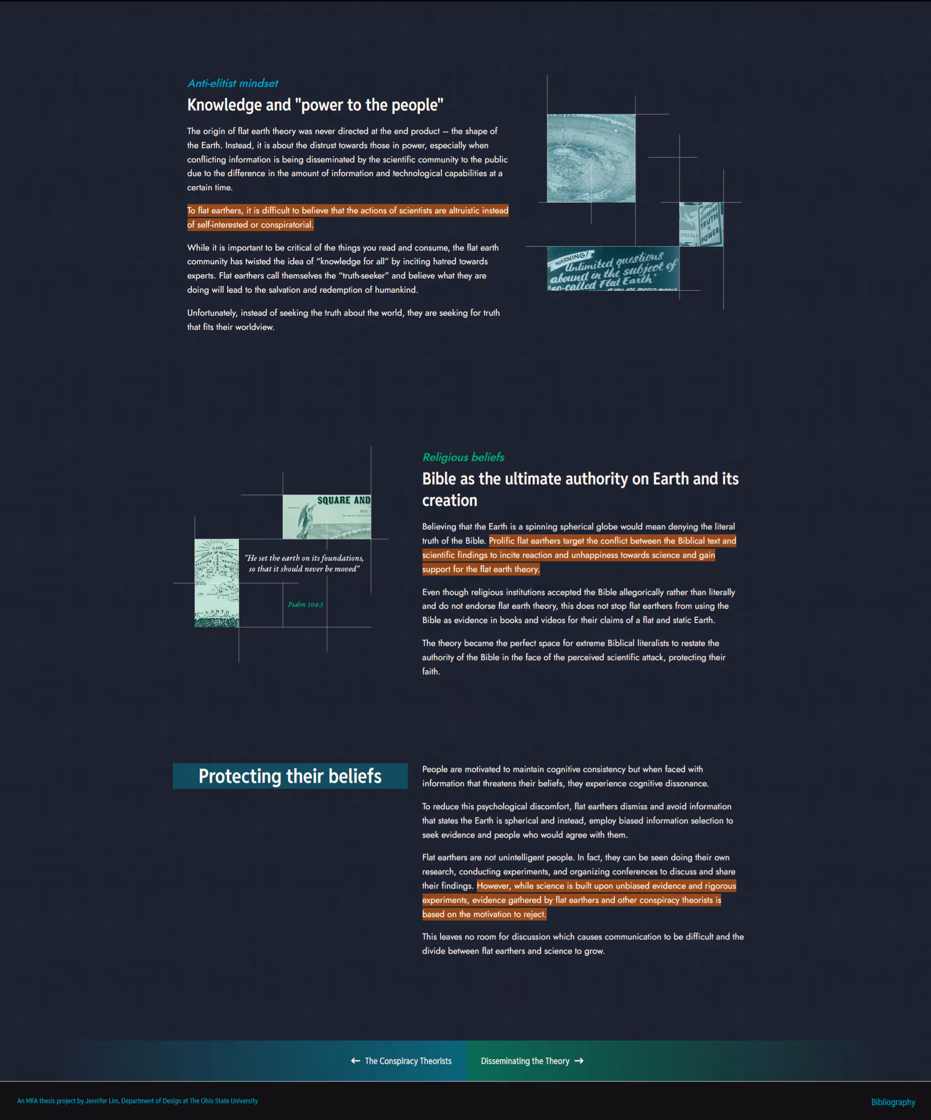Continuation of webpage with text discussing flat earth theory's anti-elitist mindset, religious beliefs about the Bible, and how flat earthers protect their beliefs despite scientific evidence.