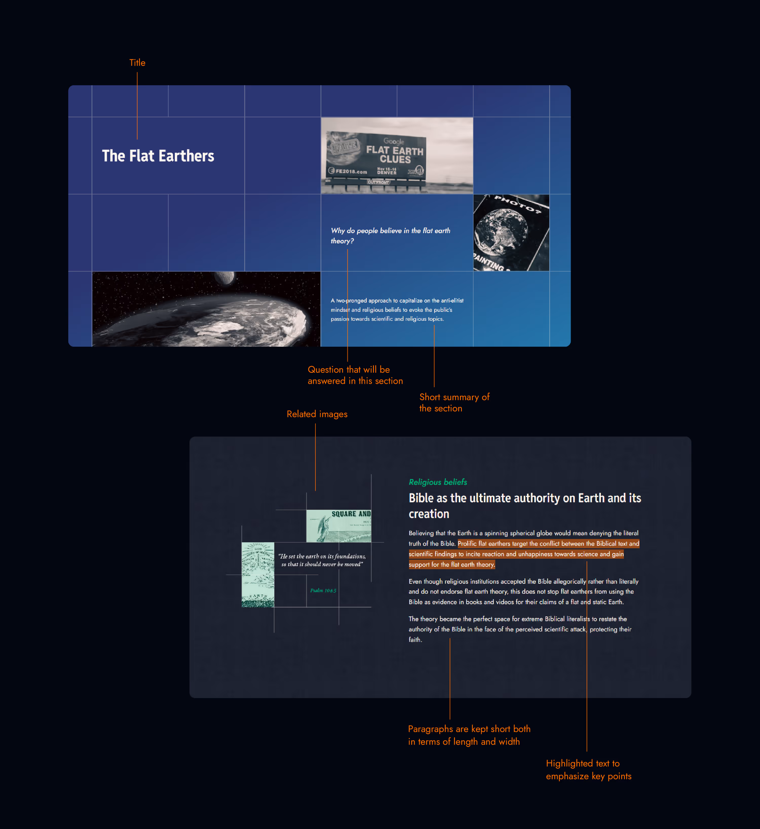 Two screenshots of the website with elaboration on how the information are organized and laid out to balance text and imagery. 