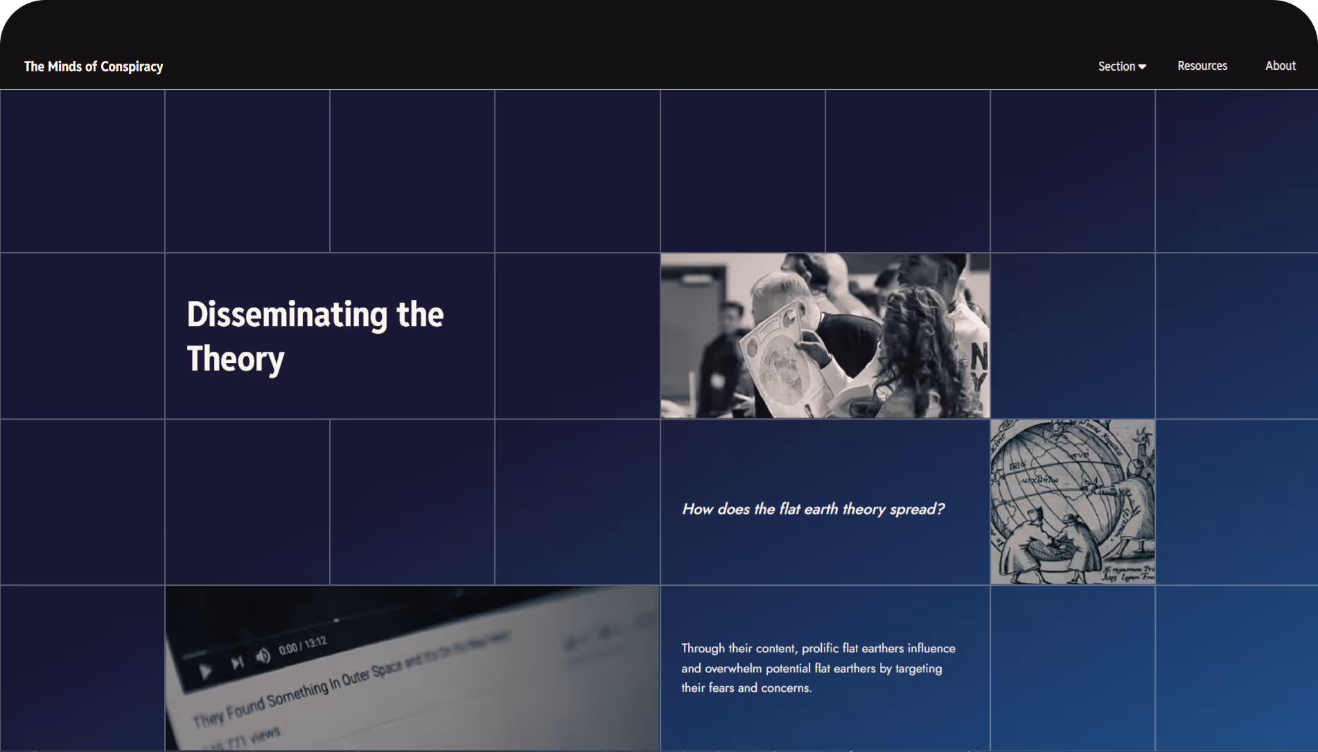 Webpage titled 'Disseminating the Theory' exploring how flat earth theory spreads with images of people holding flat earth maps, a vintage globe illustration, and a screenshot of a video with a title about outer space discoveries.