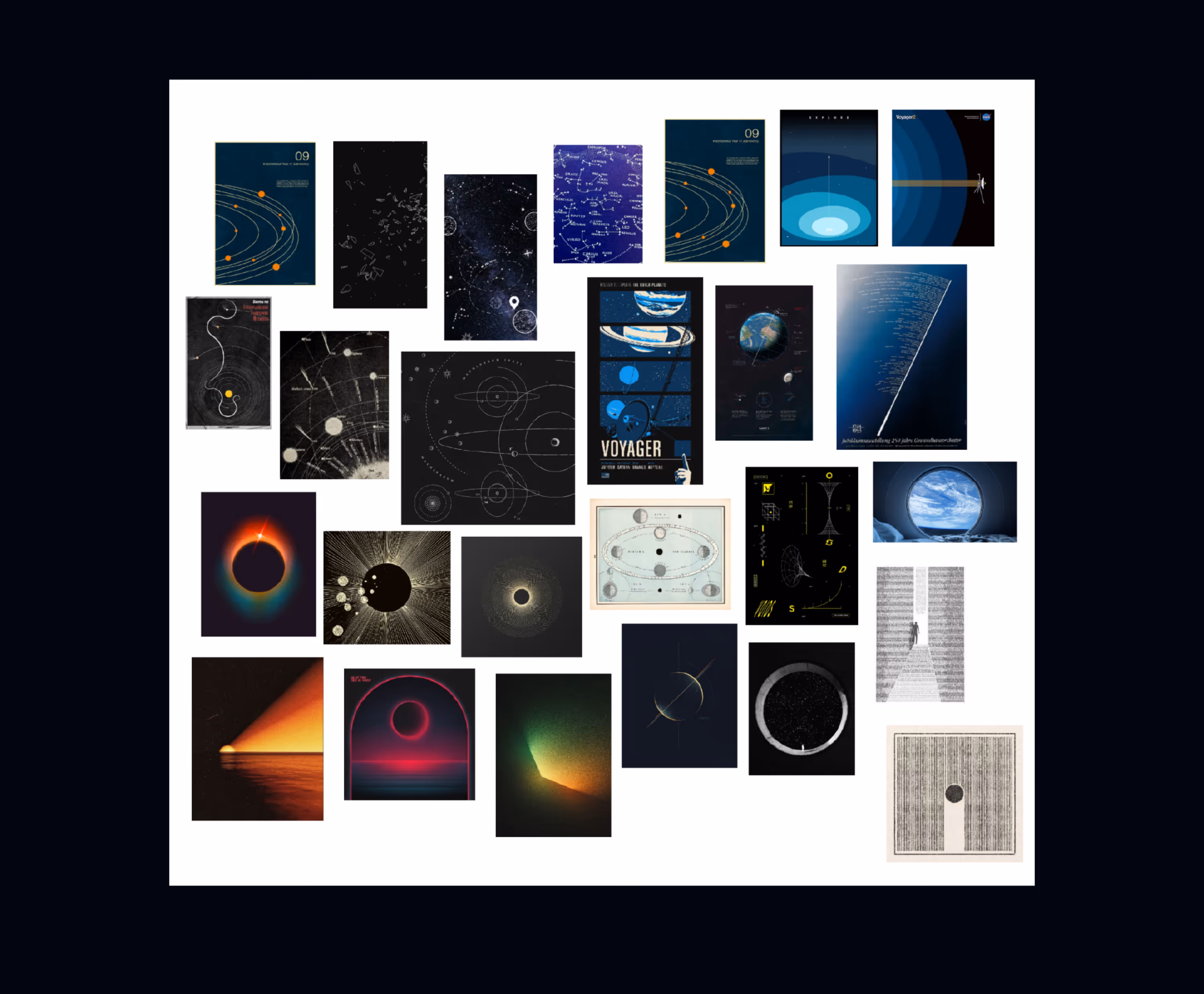 Moodboard of various astronomy-themed posters and illustrations including solar system diagrams, star maps, eclipses, space exploration, and cosmic phenomena.