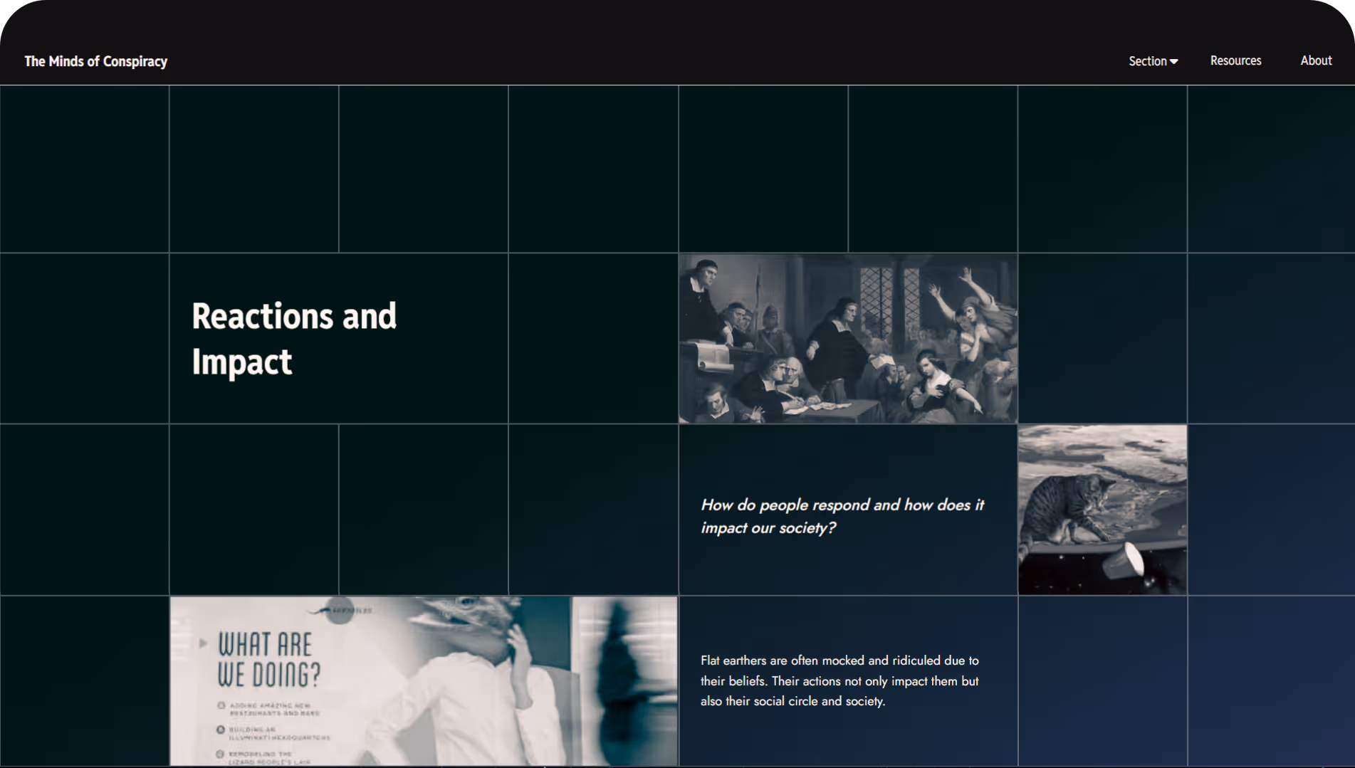 Webpage titled 'Reactions and Impact' featuring images of people in discussion, a cat playing pushing a cup over a flat earth, and text about how flat earthers are mocked and their impact on society.