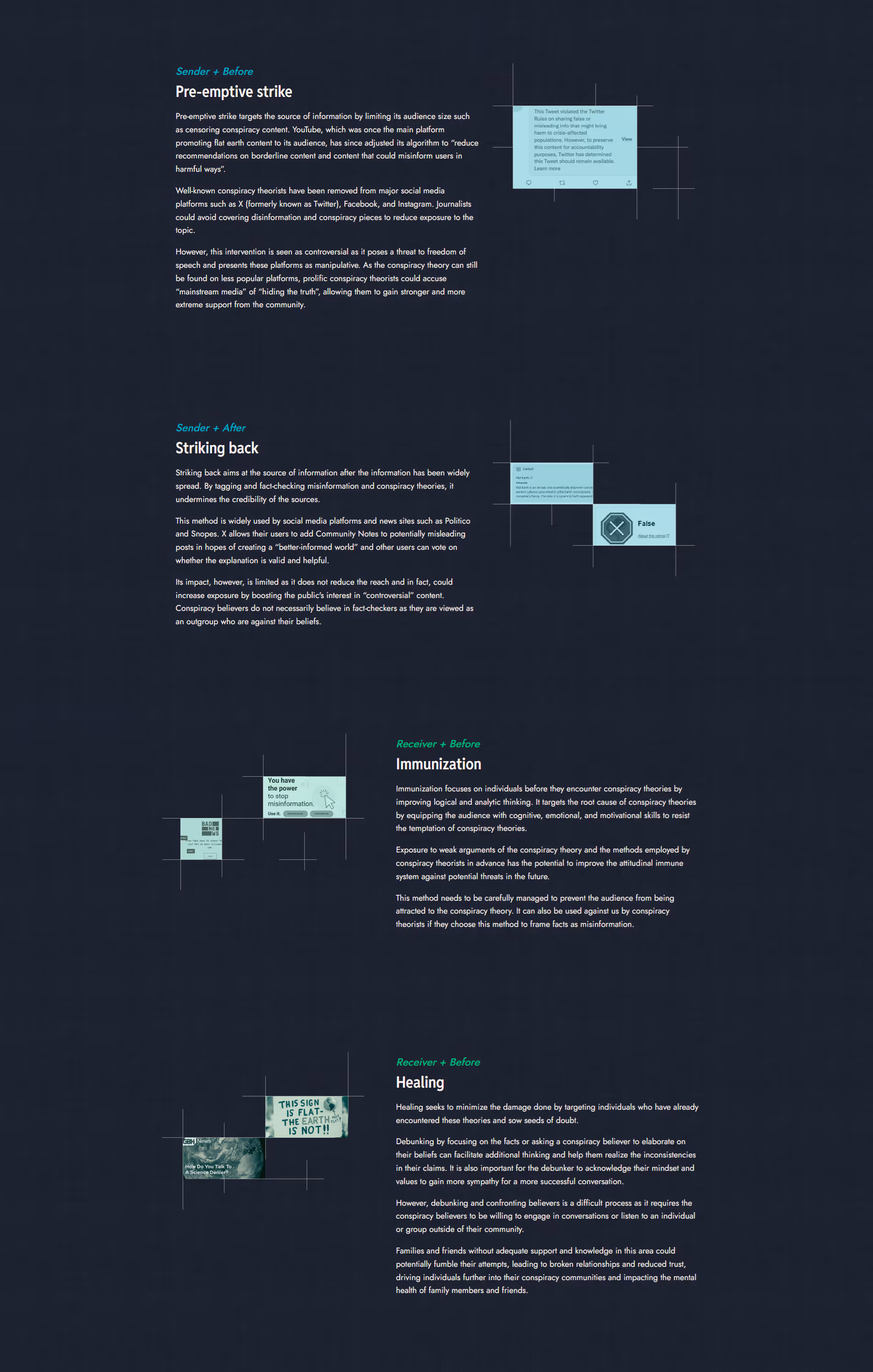 Continuation of webpage explaining four approaches to handle conspiracy theories: pre-emptive strike limiting audience size, striking back by fact-checking, immunization building resistance before exposure, and healing by minimizing damage with empathetic debunking.