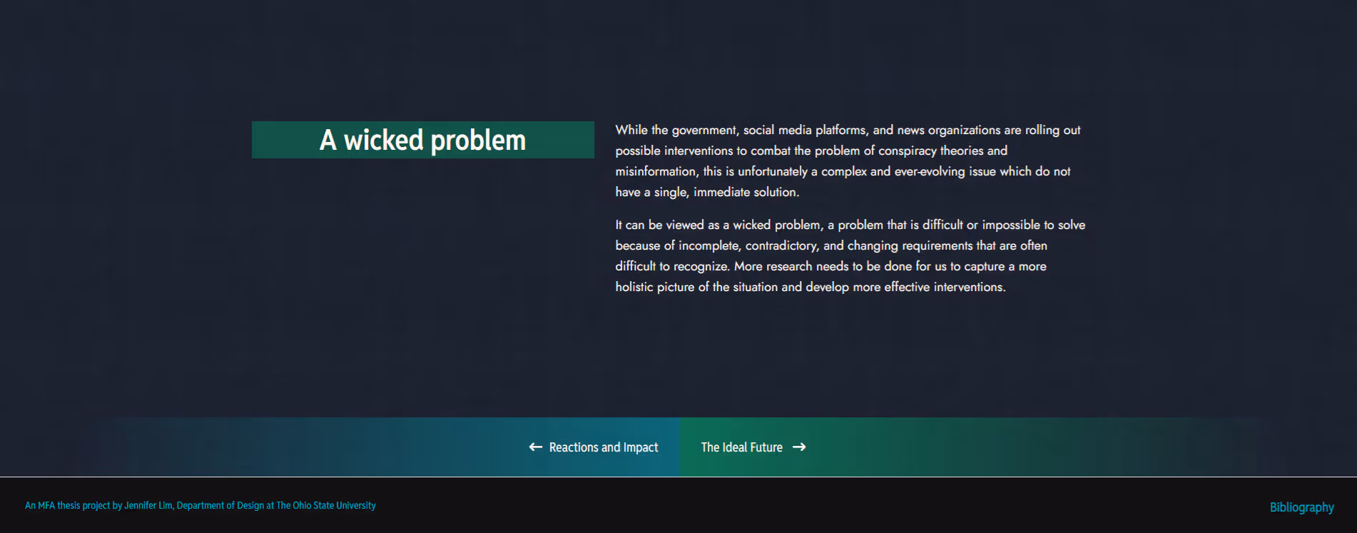 Continuation of webpage with text titled 'A wicked problem' describes the complexity of addressing conspiracy theories and misinformation, emphasizing the need for more research to develop effective interventions.