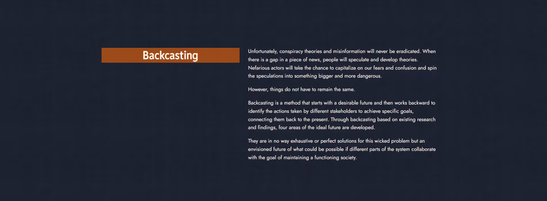 Continuation of webpage with text explaining backcasting as a method starting with a desirable future to work backward to present actions for combating conspiracy theories and misinformation.