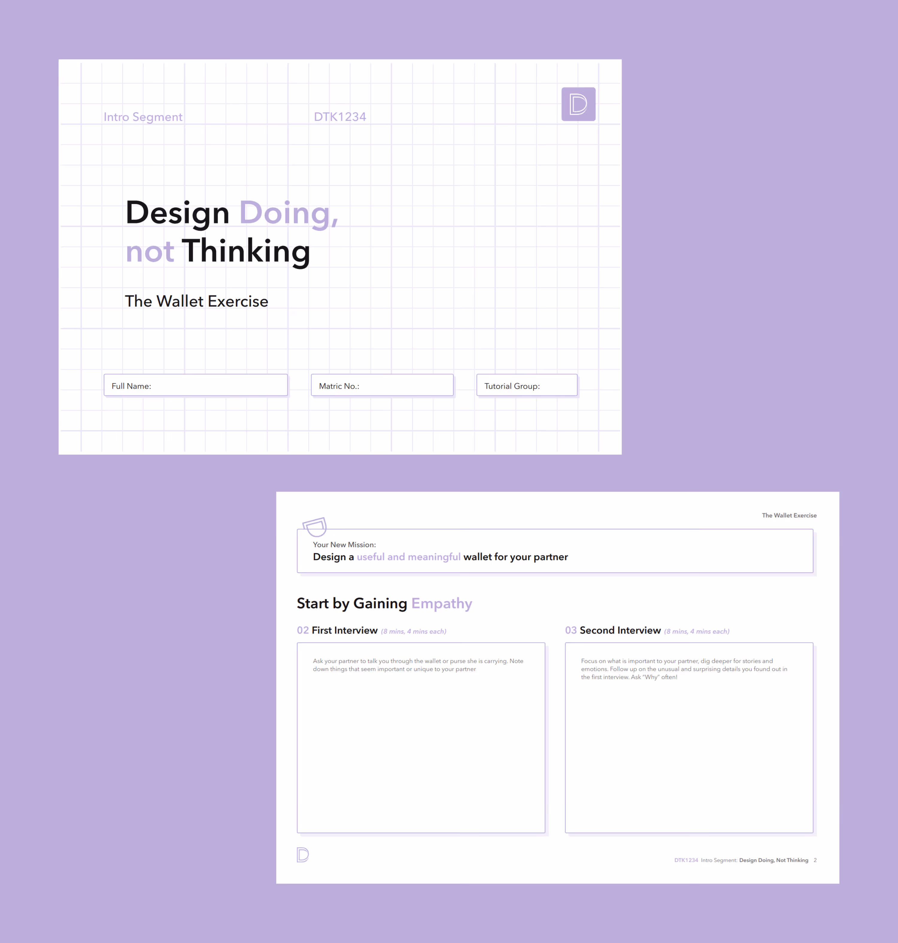 Two-page worksheet titled 'Design Doing, not Thinking' for The Wallet Exercise with sections for full name, matric number, tutorial group, and interview notes focused on designing a useful wallet by gaining empathy, showcasing the brand identity.