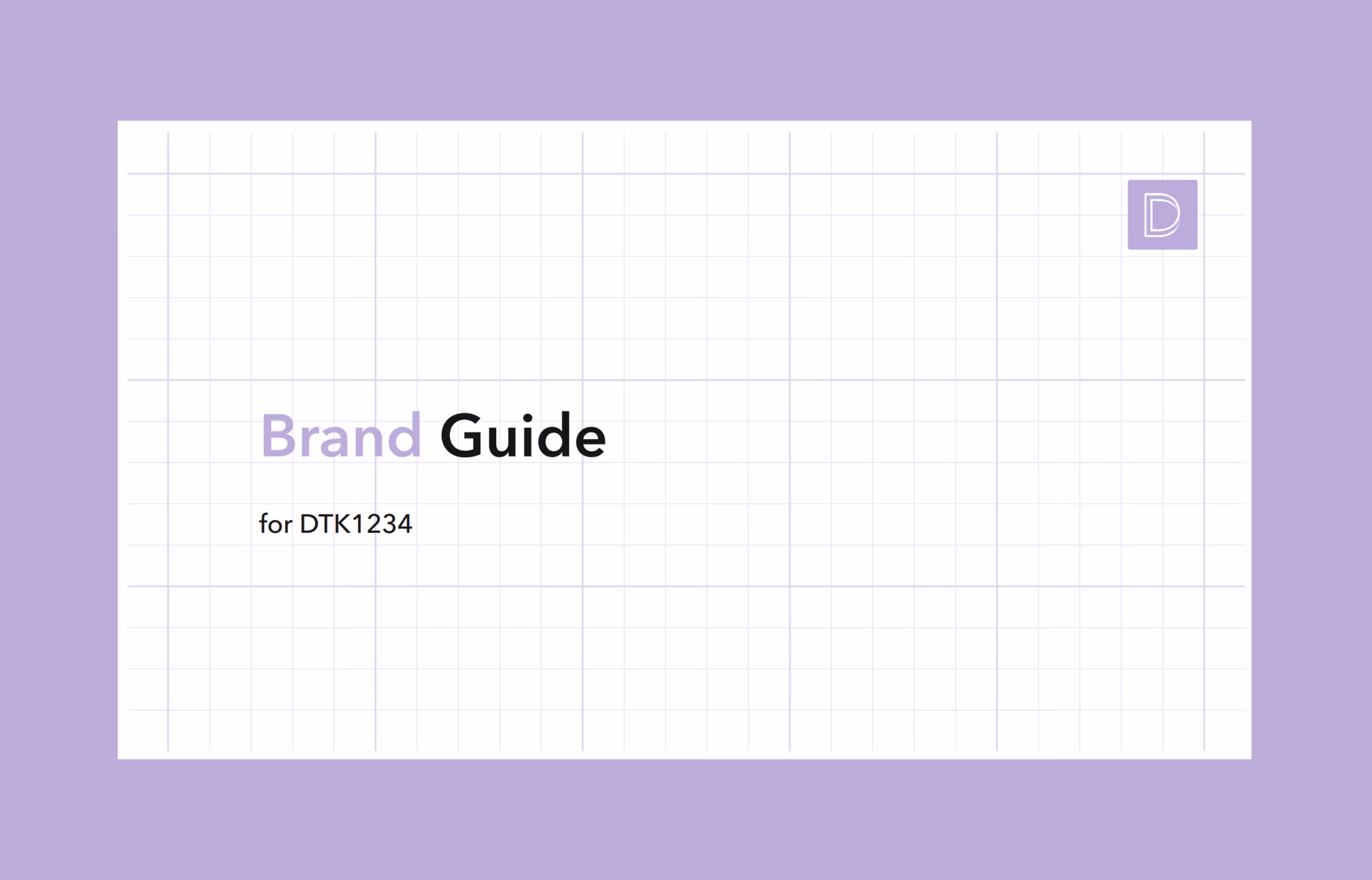 Cover page with a grid background titled 'Brand Guide for DTK1234' in black and purple text, with a purple logo in the top right corner.