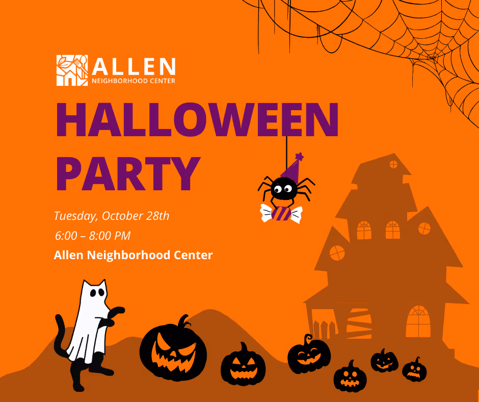 Facebook post for a Halloween party with a haunted house, cartoon pumpkins, a cat in a ghost costume, and a spider hanging from a web.