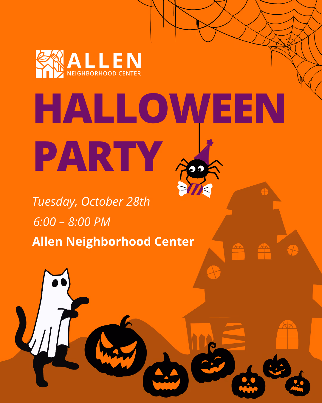 Instagram post for a Halloween party with a haunted house, cartoon pumpkins, a cat in a ghost costume, and a spider hanging from a web.