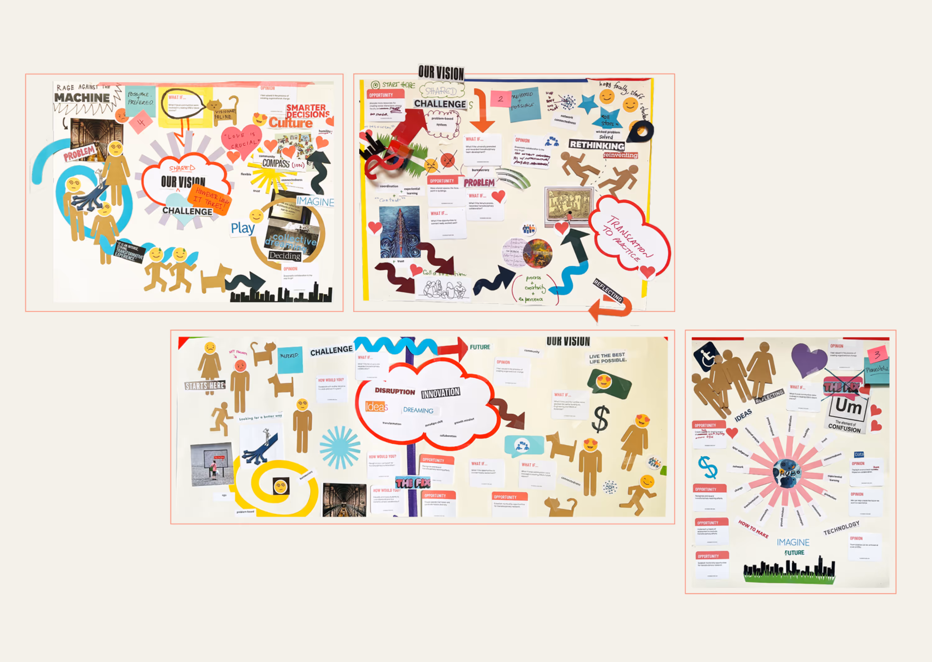 Four vision boards creating during co-design sessions with paper cutouts and drawings illustrating concepts like vision, challenge, innovation, rethinking, disruption, and imagining future possibilities.