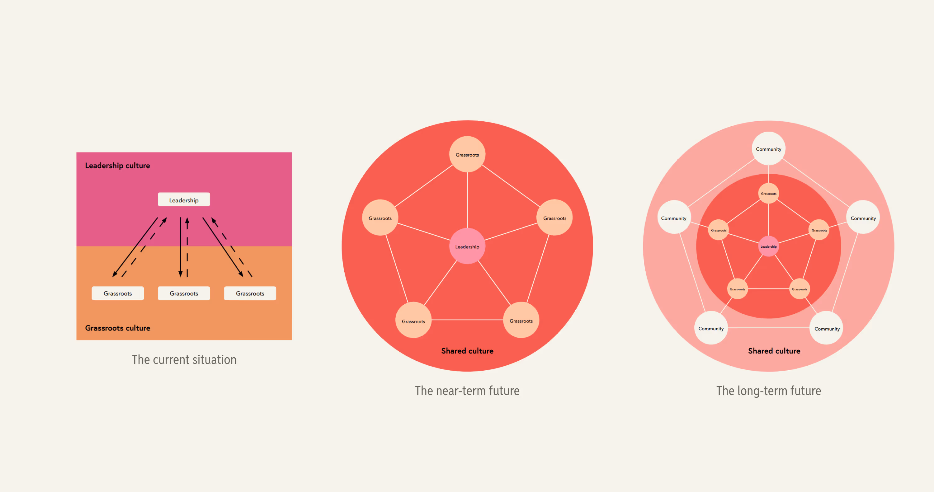 Three diagrams illustrating the transdisciplinary research culture: current situation with top-down arrows from Leadership to Grassroots, near-term future with interconnected Leadership and Grassroots nodes within a shared culture, and long-term future adding Community nodes connected around Grassroots and Leadership.
