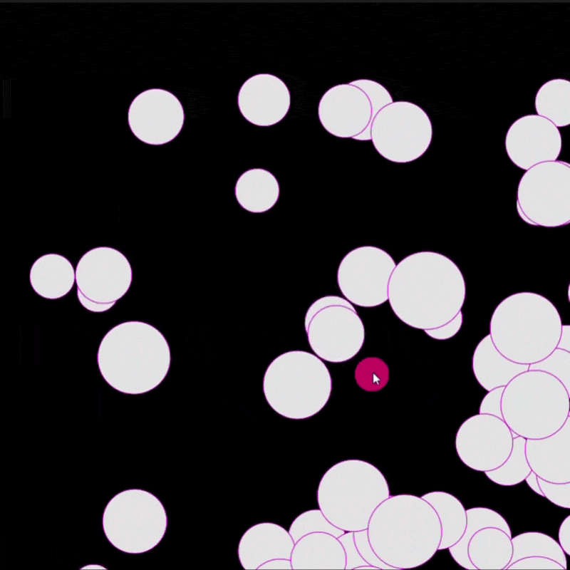 Animation of multiple white circles with purple outlines bouncing and colliding on a black background with one red circle following the cursor, showing interaction between colliding circles.
