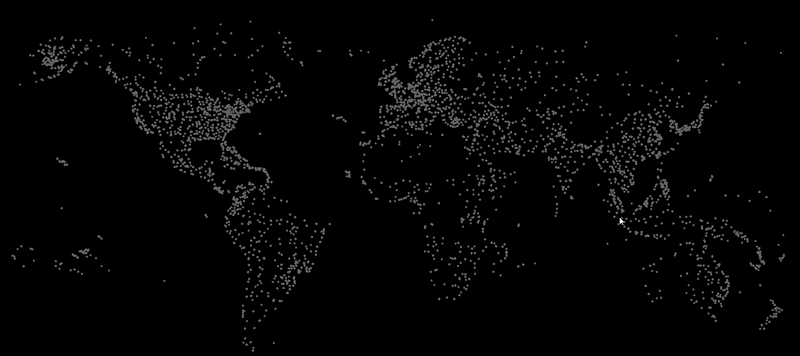 Dark world map with continents and countries with white dots representing airports, mouse hovers over a dot to show flight paths to other airports.